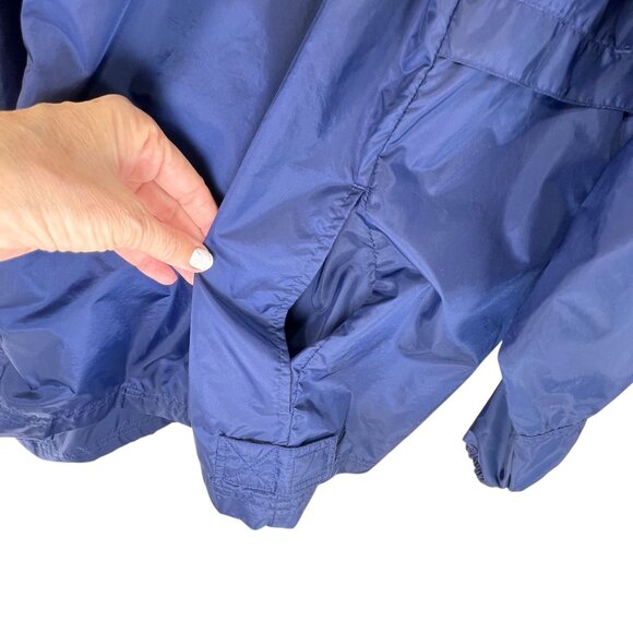 Adidas XL Blue Hooded Windbreaker Jacket Lime Green Stripes Vented Pockets Logo - Picture 10 of 15